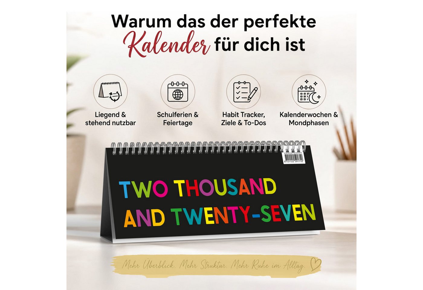 TOBJA Tischkalender Tischkalender 2027 Quer Bunt Color Pop Wochenplaner Aufstellkalender, DIN Lang quer, Ringbindung, Habit Tracker, Buntes Design, FSC