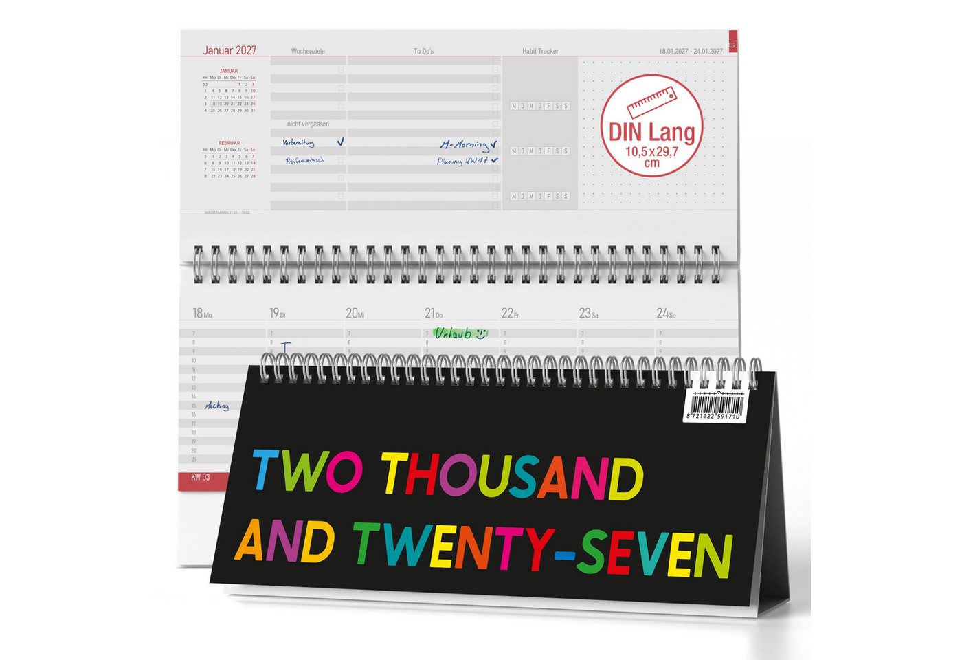 TOBJA Tischkalender Tischkalender 2027 Quer Bunt Color Pop Wochenplaner Aufstellkalender, DIN Lang quer, Ringbindung, Habit Tracker, Buntes Design, FSC Bild 2