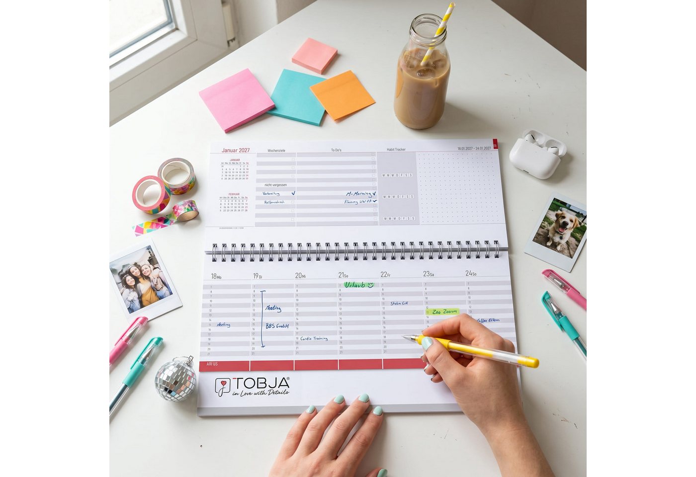 TOBJA Tischkalender Tischkalender 2027 Quer Bunt Color Pop Wochenplaner Aufstellkalender, DIN Lang quer, Ringbindung, Habit Tracker, Buntes Design, FSC Bild 4