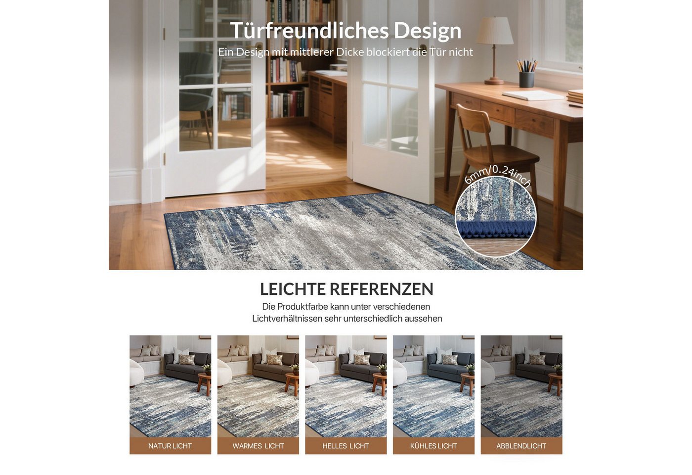 GENIMO Teppich Maschinenwaschbar, Kurzflor Antirutsch Teppich für Wohnzimmer, Küche, rechteckig, 240×300cm, blau Bild 4