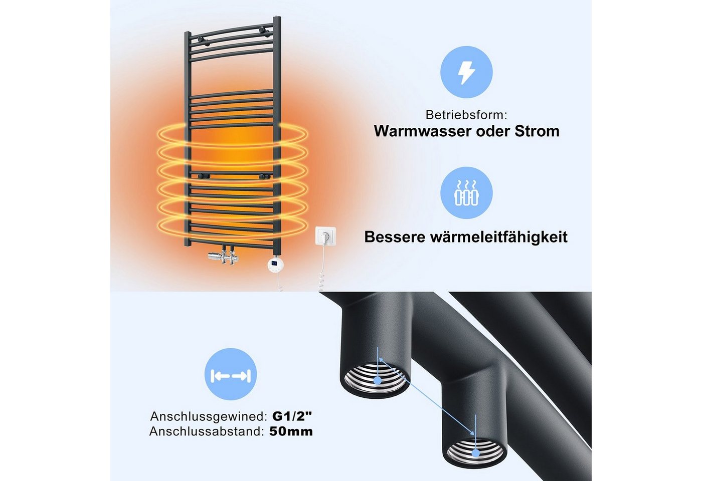 SONNI Elektrischer Badheizkörper Elektrischer Badheizkörper Heizkörper elektrisch Gebogen bad, Elektrischer Handtuchhalter mit Intelligentes Heizstab,Weiß/Sandgrau Bild 5
