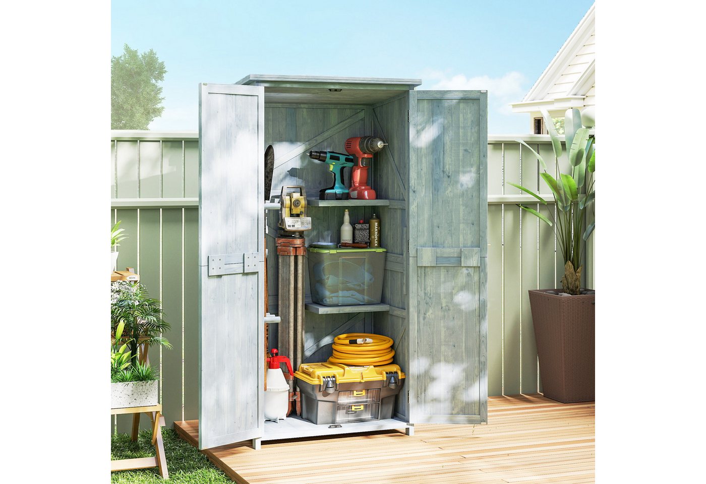 Outsunny Garten-Geräteschrank Gartenschrank Holz Outdoor wetterfest mit Doppeltür, BxT: 85x54 cm, (Outdoor wetterfest Geräteschuppen, 1 St., Holz Gartenschrank), für Garten, Terrrasse 85 x 54 x 170 cm Grau