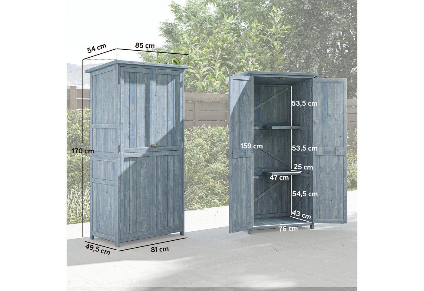 Outsunny Garten-Geräteschrank Gartenschrank Holz Outdoor wetterfest mit Doppeltür, BxT: 85x54 cm, (Outdoor wetterfest Geräteschuppen, 1 St., Holz Gartenschrank), für Garten, Terrrasse 85 x 54 x 170 cm Grau Bild 3
