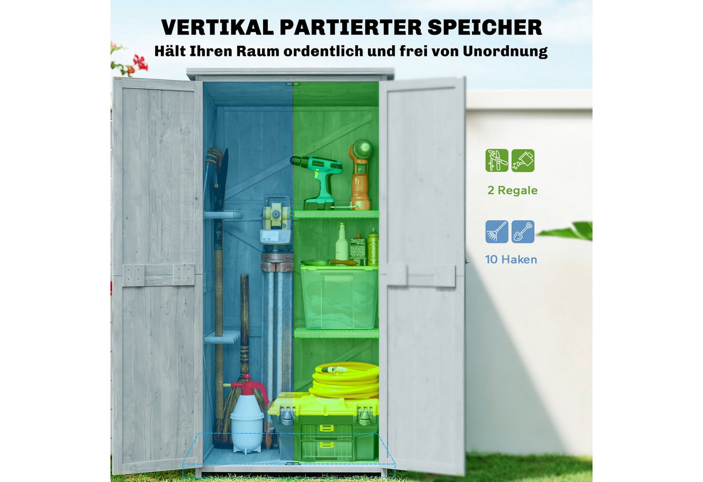 Outsunny Garten-Geräteschrank Gartenschrank Holz Outdoor wetterfest mit Doppeltür, BxT: 85x54 cm, (Outdoor wetterfest Geräteschuppen, 1 St., Holz Gartenschrank), für Garten, Terrrasse 85 x 54 x 170 cm Grau Bild 4