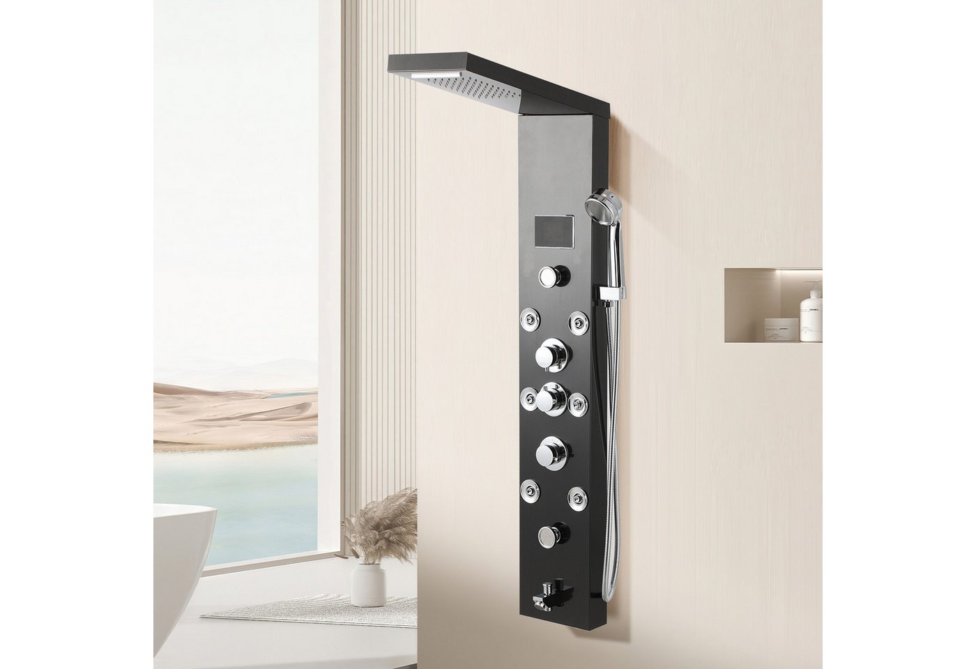 Clanmacy Duschsystem Duschpaneel 6-in-1 mit LED, Regendusche & Massage, Schwarz, Höhe 116 cm, Regendusche, Wasserfall, Rückenmassage, Badewanne, 1,5 m Handbrause