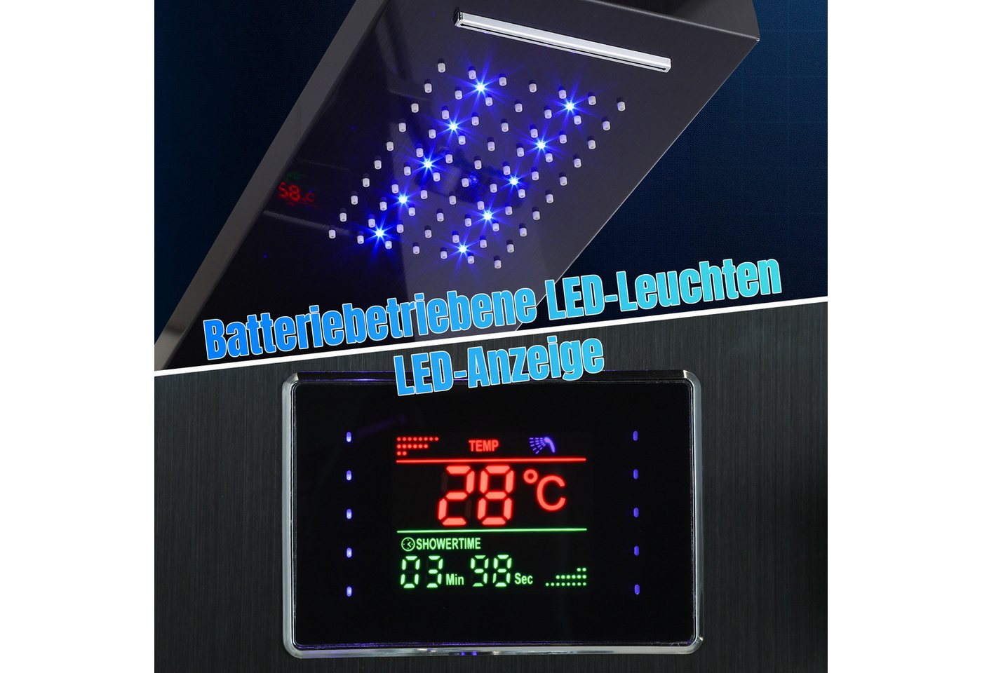 Clanmacy Duschsystem Duschpaneel 6-in-1 mit LED, Regendusche & Massage, Schwarz, Höhe 116 cm, Regendusche, Wasserfall, Rückenmassage, Badewanne, 1,5 m Handbrause Bild 2