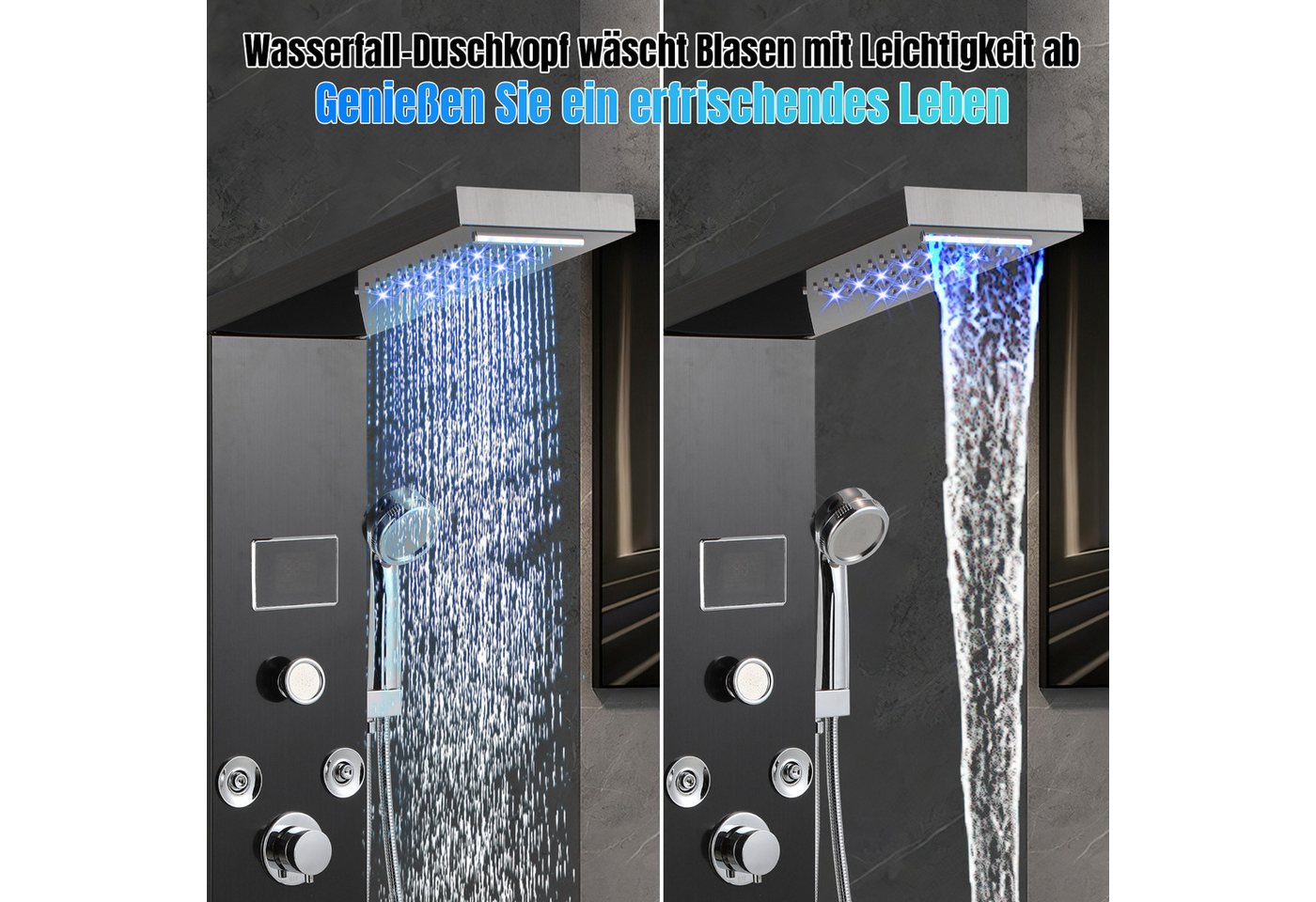 Clanmacy Duschsystem Duschpaneel 6-in-1 mit LED, Regendusche & Massage, Schwarz, Höhe 116 cm, Regendusche, Wasserfall, Rückenmassage, Badewanne, 1,5 m Handbrause Bild 4