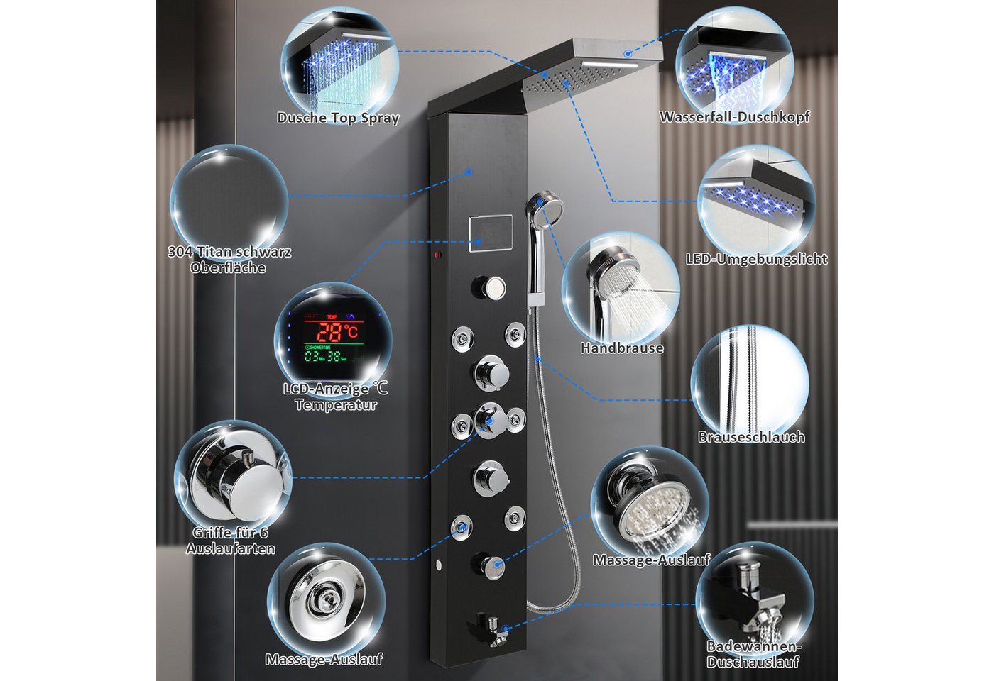 Clanmacy Duschsystem Duschpaneel 6-in-1 mit LED, Regendusche & Massage, Schwarz, Höhe 116 cm, Regendusche, Wasserfall, Rückenmassage, Badewanne, 1,5 m Handbrause Bild 5