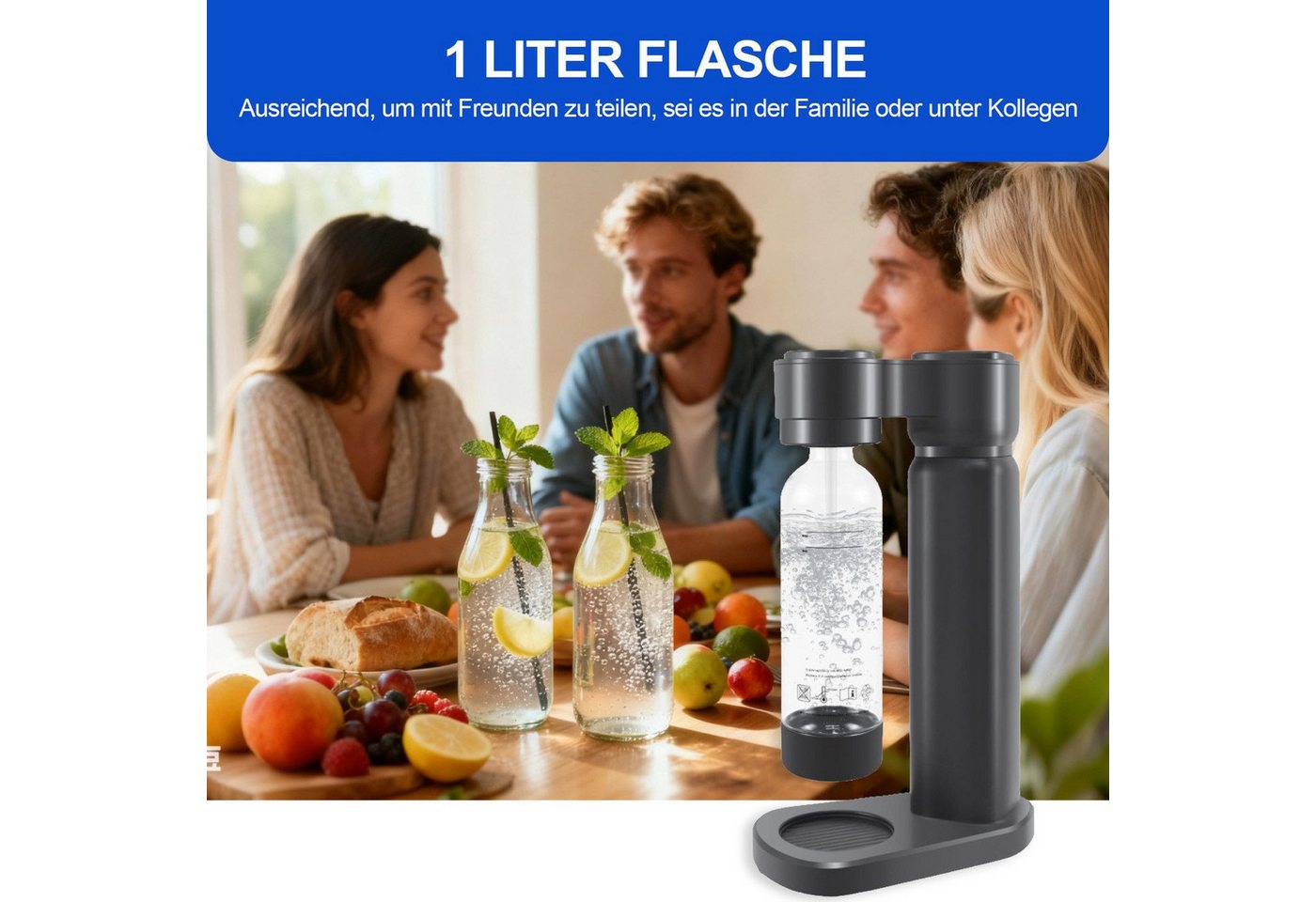 OZAVO Wassersprudler Wassersprudler SDS-160 Trinkwassersprudler mit 1 L Wasserflasch, Soda Sprudelwasser Maschine Soda Maker ohne CO2 Flasche BPA-Freier