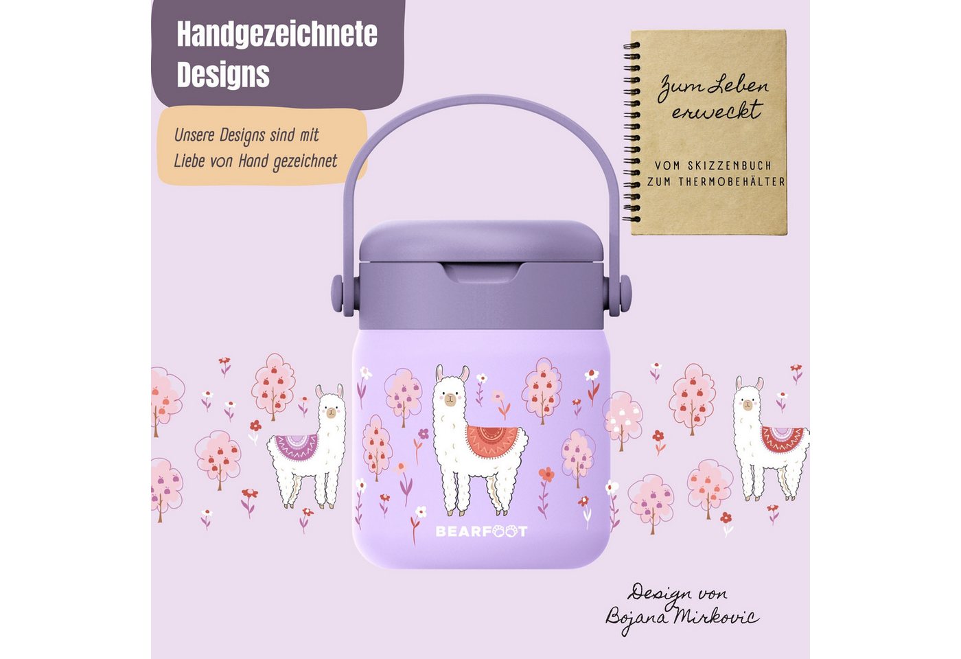 BEARFOOT Trinkflasche Thermobehälter Kinder Edelstahl - Lama lila, Thermobehälter, auslaufsicher, Edelstahl, Food jar, BPA-frei