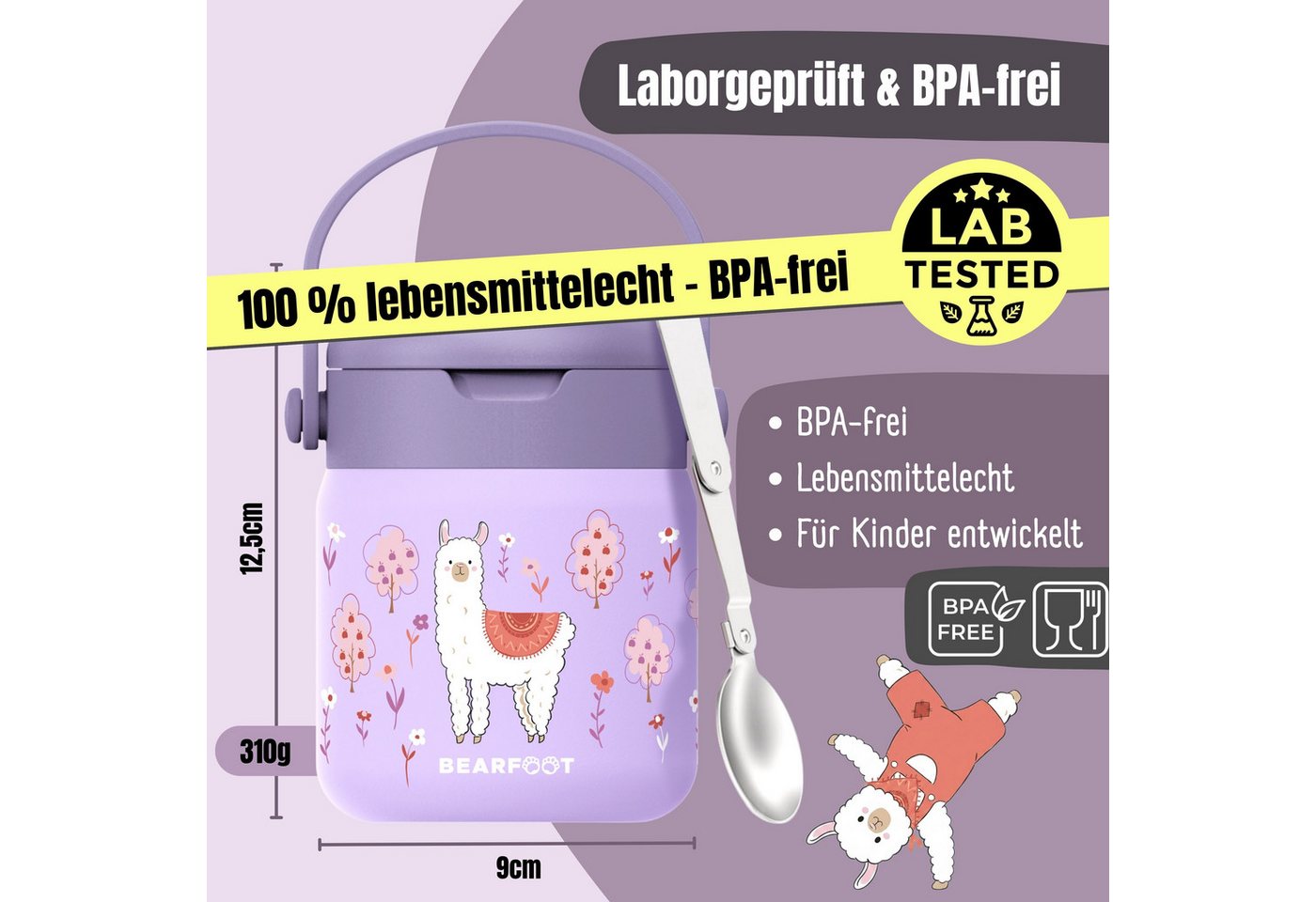 BEARFOOT Trinkflasche Thermobehälter Kinder Edelstahl - Lama lila, Thermobehälter, auslaufsicher, Edelstahl, Food jar, BPA-frei Bild 5