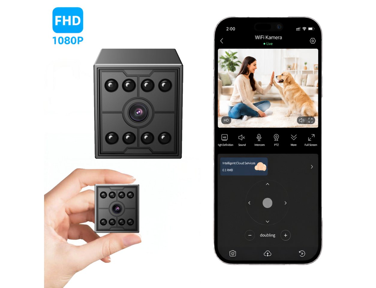 Fyrove Überwachungskamera Mini WLAN Überwachungskamera Innen 1080P HD mit Infrarot Nachtsicht (Bewegungserkennung, Cloud-Speicher und App-Steuerung, für Zuhause, Büro und Haustiere, WLAN Innenkamera,130° Weitwinkel,Magnetische Halterung)