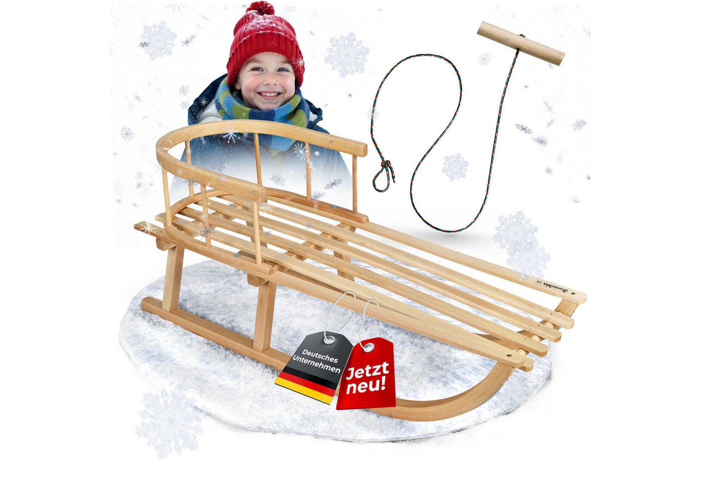 BambiniWelt by Rafael K. Schlitten CE-Holzschlitten mit Rückenlehne + Zugseil Rodel Kinder Schlitten 90cm