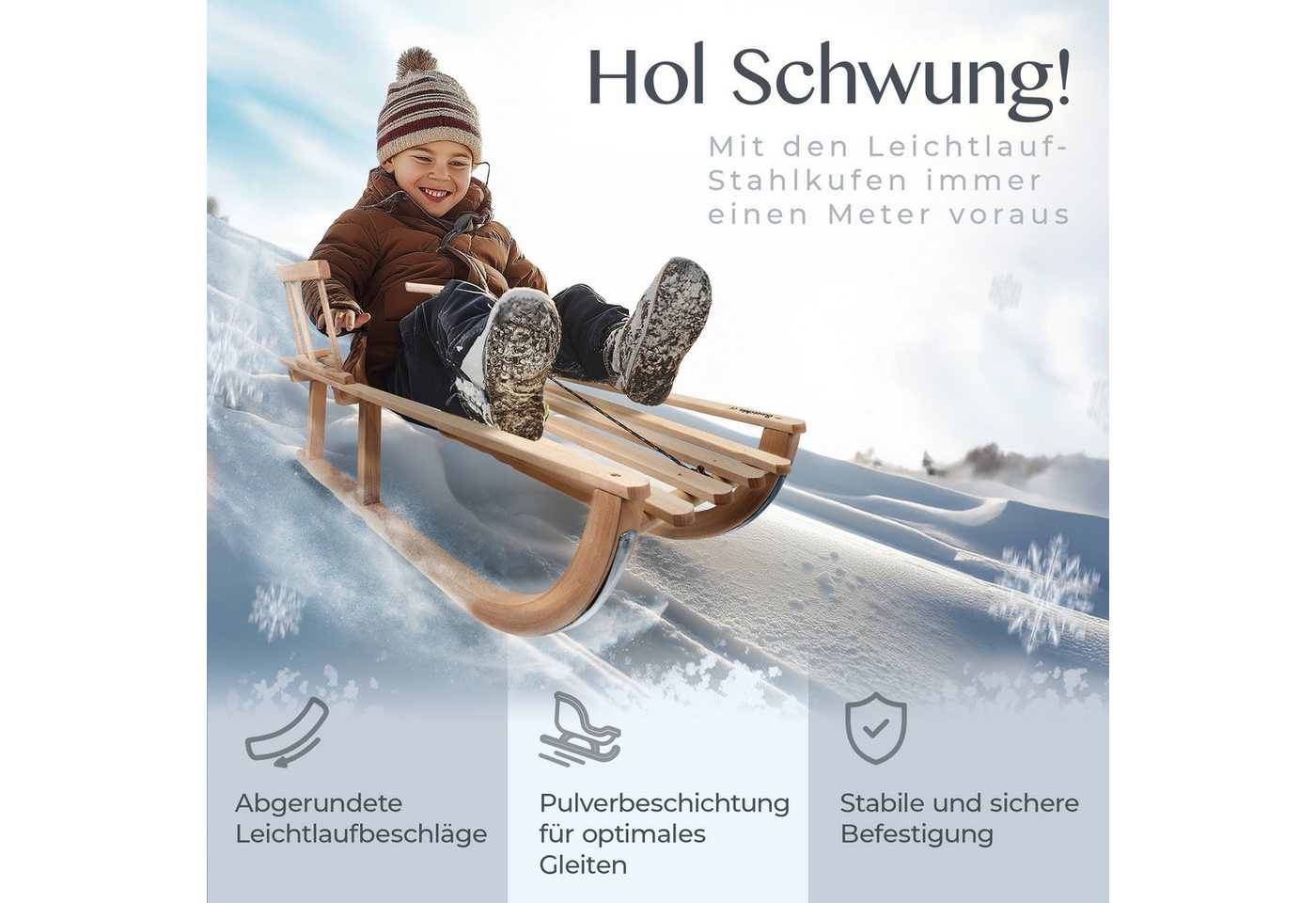 BambiniWelt by Rafael K. Schlitten CE-Holzschlitten mit Rückenlehne + Zugseil Rodel Kinder Schlitten 90cm Bild 3