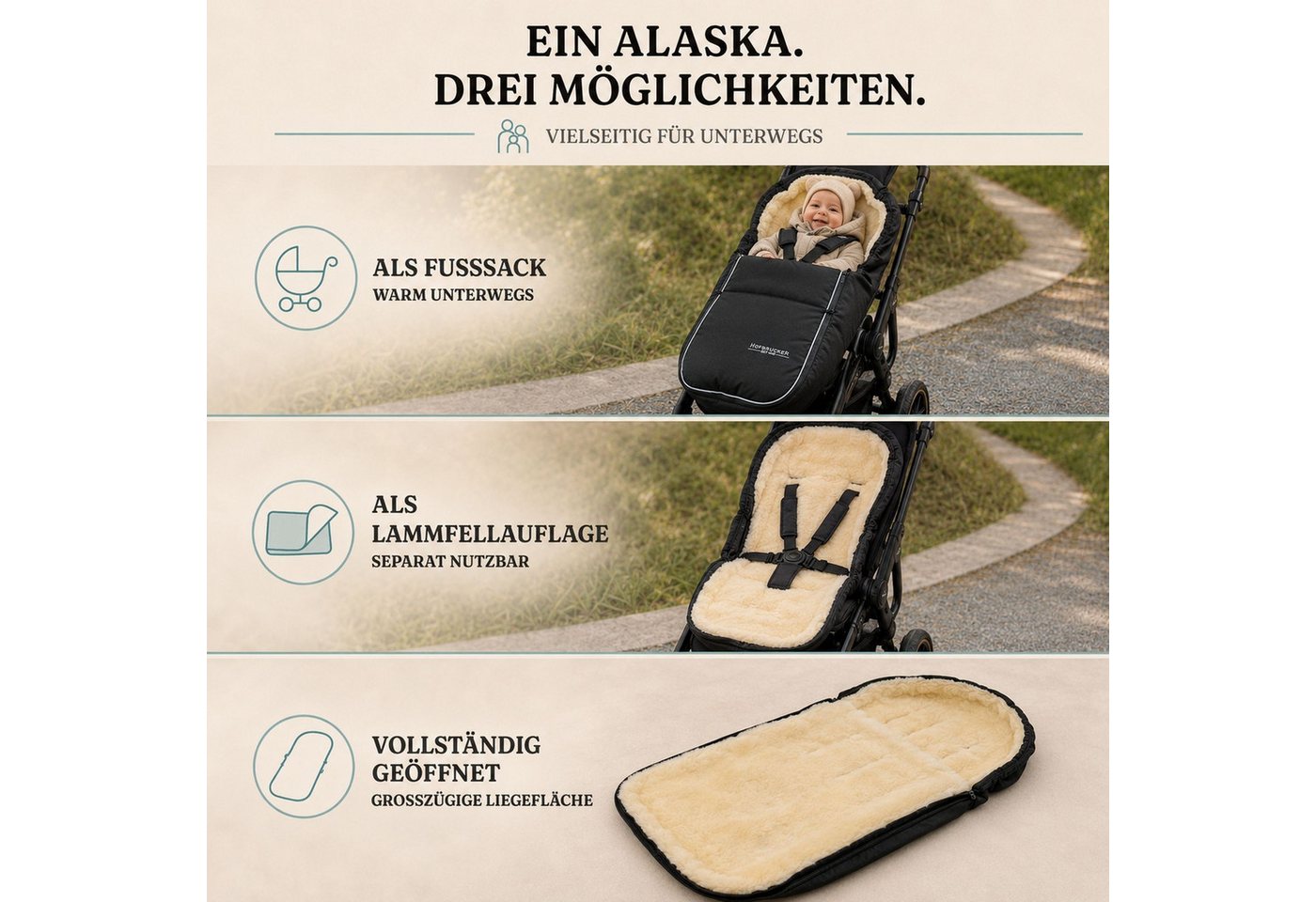 Hofbrucker seit 1948 Fußsack Lammfell-Fußsack Alaska für Kinderwagen und Buggy, warmer Winterfußsack mit echtem Lammfell wasserabweisend mit Bild 2