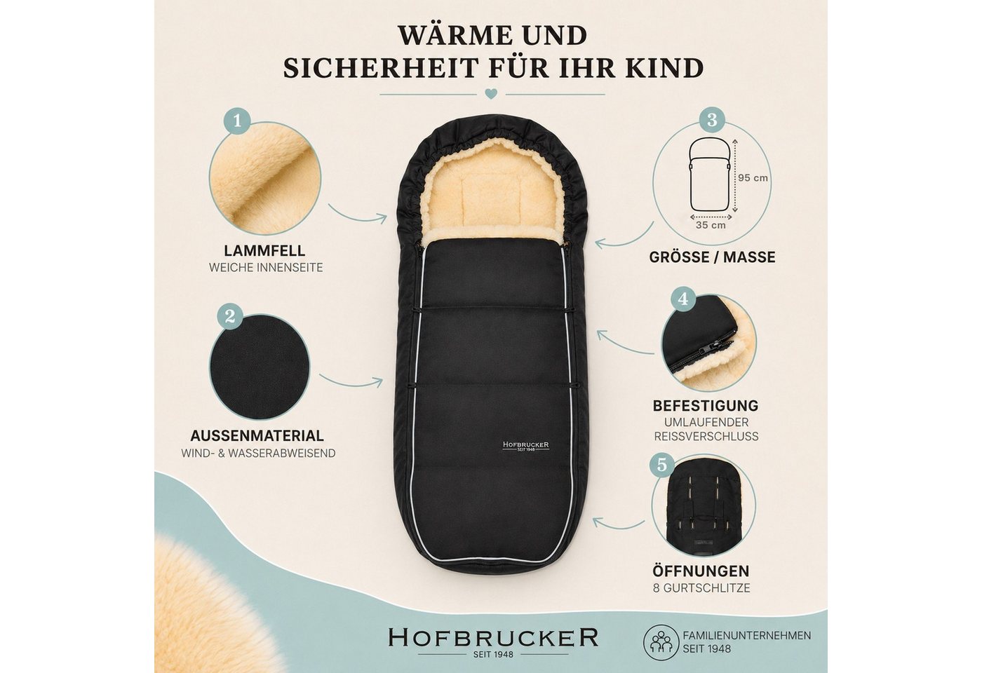 Hofbrucker seit 1948 Fußsack Lammfell-Fußsack Alaska für Kinderwagen und Buggy, warmer Winterfußsack mit echtem Lammfell wasserabweisend mit Bild 4