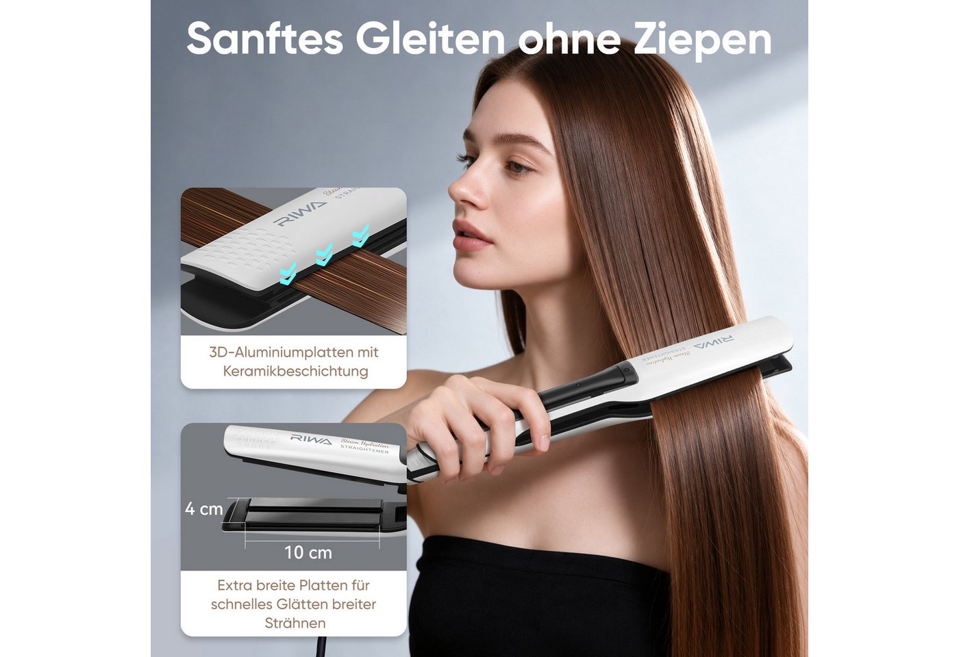 RIWA Dampf-Haarglätter Dampfglätteisen Professionelles Glätteisen mit Feuchtigkeitspflege Keramik-Beschichtung, 15 ml Wassertank, 14 Temperaturstufen (100–230 °C), LED-Display