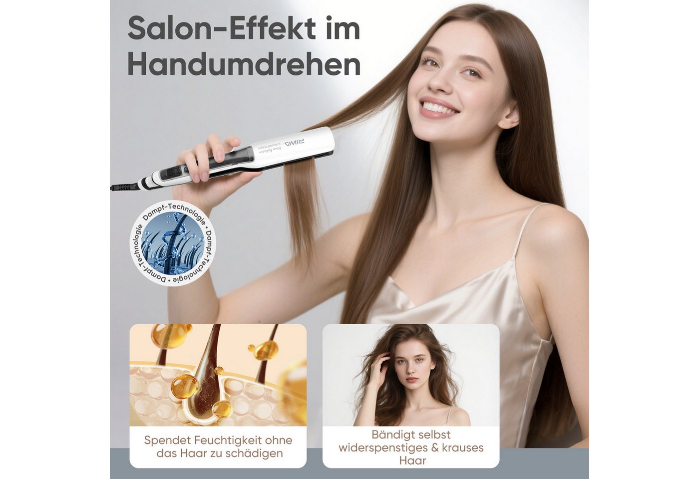 RIWA Dampf-Haarglätter Dampfglätteisen Professionelles Glätteisen mit Feuchtigkeitspflege Keramik-Beschichtung, 15 ml Wassertank, 14 Temperaturstufen (100–230 °C), LED-Display Bild 2