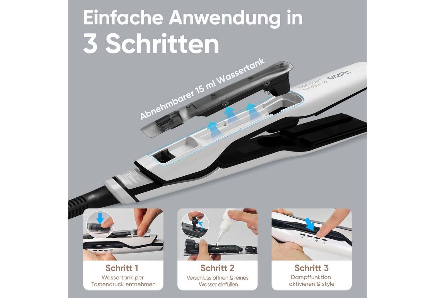 RIWA Dampf-Haarglätter Dampfglätteisen Professionelles Glätteisen mit Feuchtigkeitspflege Keramik-Beschichtung, 15 ml Wassertank, 14 Temperaturstufen (100–230 °C), LED-Display Bild 4