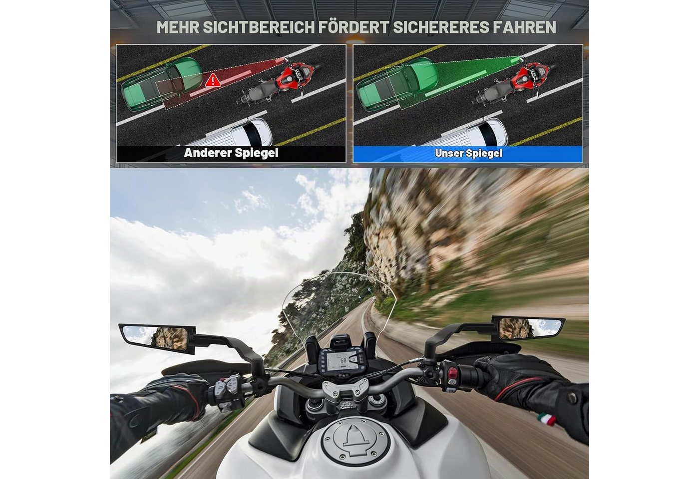 wohnTRAUM24 Motorradspiegel Motorrad Rückspiegel Seitenspiegel Set, Universal Lenkerendenspiegel, für Moto 360°Drehbar Motorrad-Ultraweitwinkel-Rückspiegel Bild 2