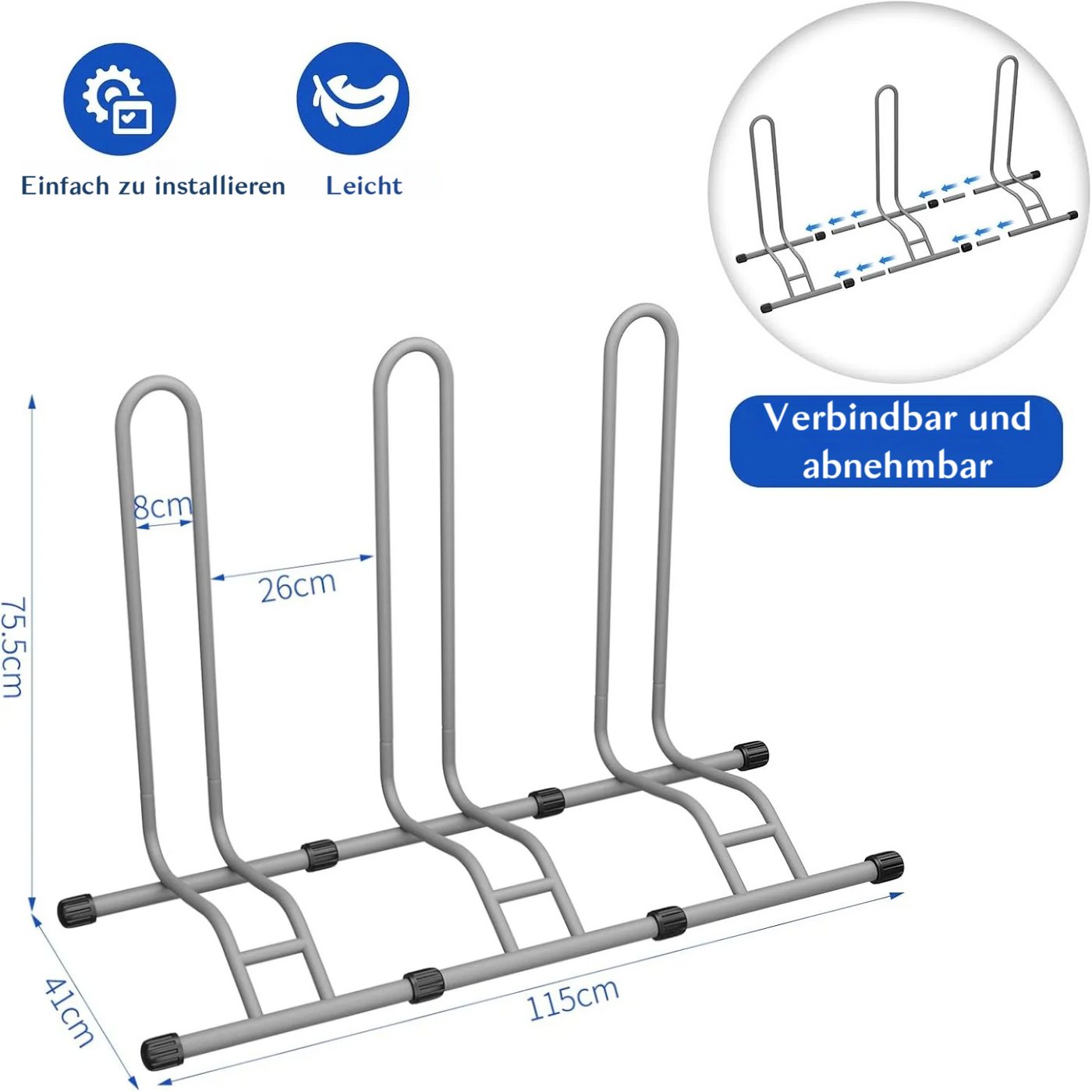 TLGREEN Fahrradständer Boden,Abnehmbar Bodenständer Fahrräder, (3-St., Reifenbreite bis 80 mm, Freistehend Fahrradhalter), Radständer für Mountainbike Rennrad MTB,Stabil,Schwarz Bild 5