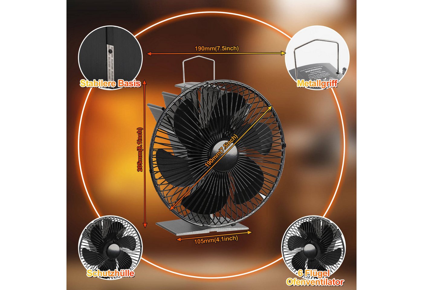 Clanmacy Kaminventilator Ofenventilator Kaminofen Ventilator für Ofenrohr, Lüfter stromlos Bild 5