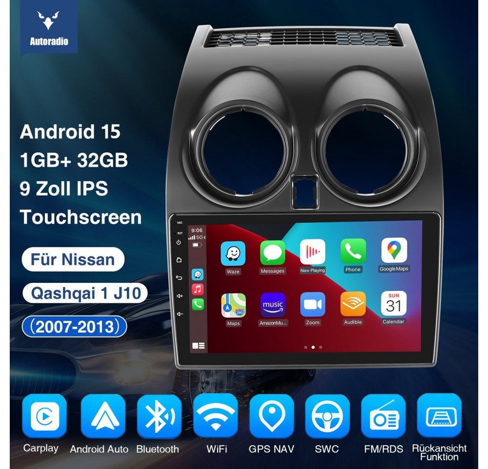 ESSGOO DAB+ Carplay Für Nissan Qashqai J10 2007-15 GPS Navi Android 15 FM RDS Autoradio (4+64GB(optional), FM, AM, DAB+ (optional), Carplay Android Auto Bluetooth EQ USB GPS Navi WIFI Touchscreen) Bild 2