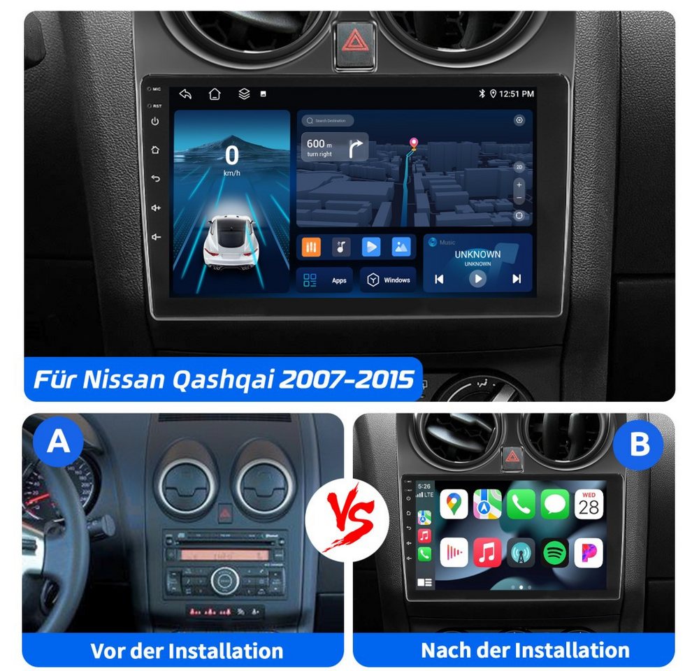 ESSGOO DAB+ Carplay Für Nissan Qashqai J10 2007-15 GPS Navi Android 15 FM RDS Autoradio (4+64GB(optional), FM, AM, DAB+ (optional), Carplay Android Auto Bluetooth EQ USB GPS Navi WIFI Touchscreen) Bild 5