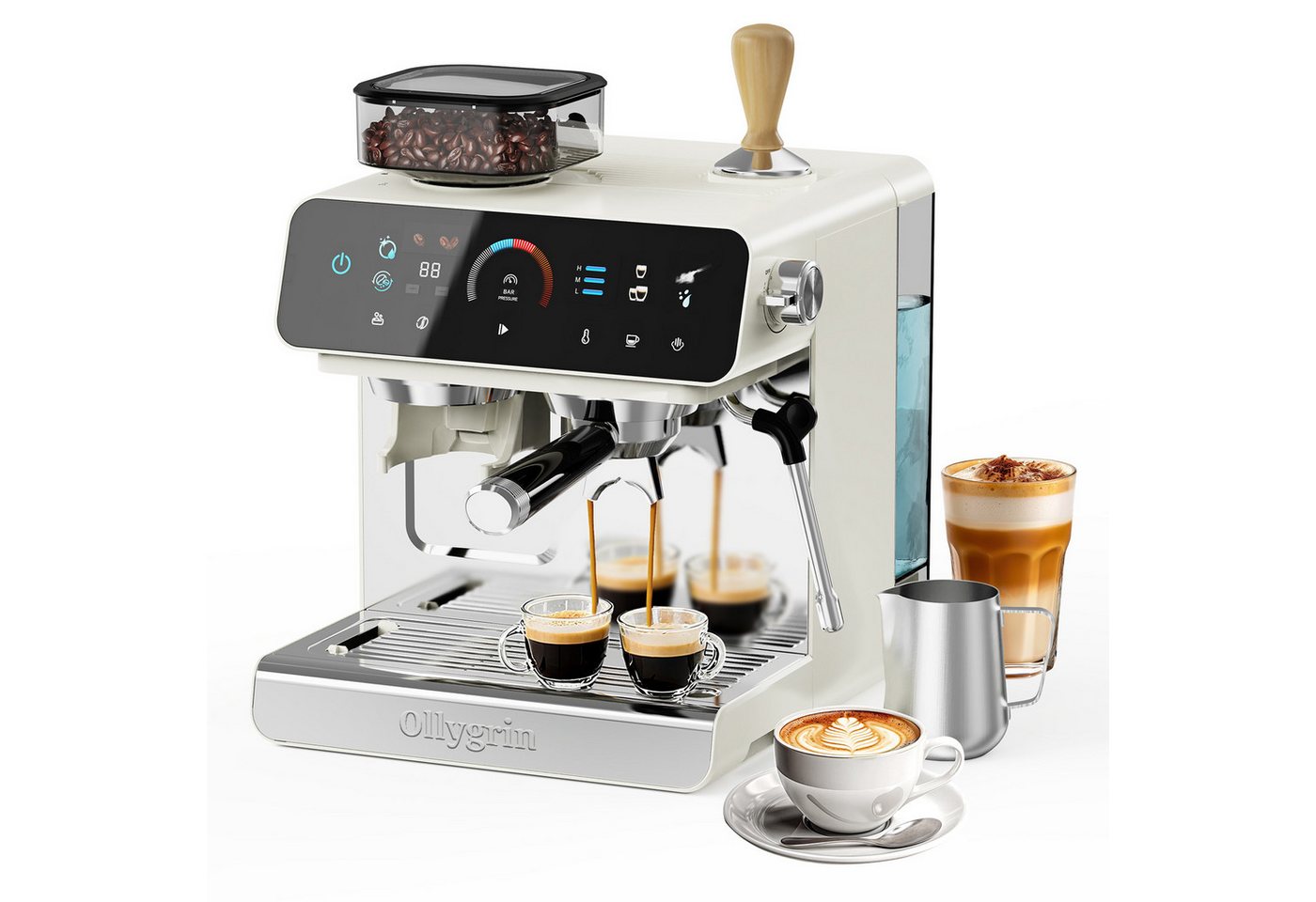 Ollygrin Espressomaschine mit Mahlwerk, 20-Bar-Profi-Espressomaschine mit 19 Mahlgraden