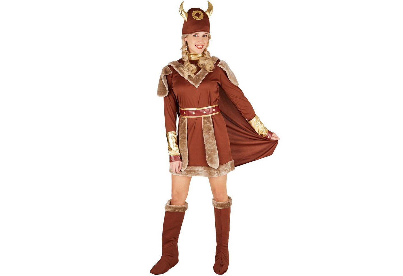 dressforfun Wikinger-Kostüm Nordfrau/Kriegerin, in der Farbe braun, Gr. S, Cooler Wikinger Hut, Kleid mit Umhang, Schöner Gürtel, Inkl. Stiefel - und Armstulpen Bild 2