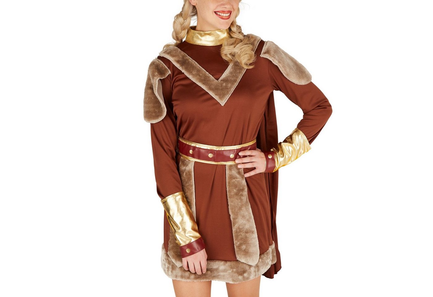 dressforfun Wikinger-Kostüm Nordfrau/Kriegerin, in der Farbe braun, Gr. S, Cooler Wikinger Hut, Kleid mit Umhang, Schöner Gürtel, Inkl. Stiefel - und Armstulpen Bild 4