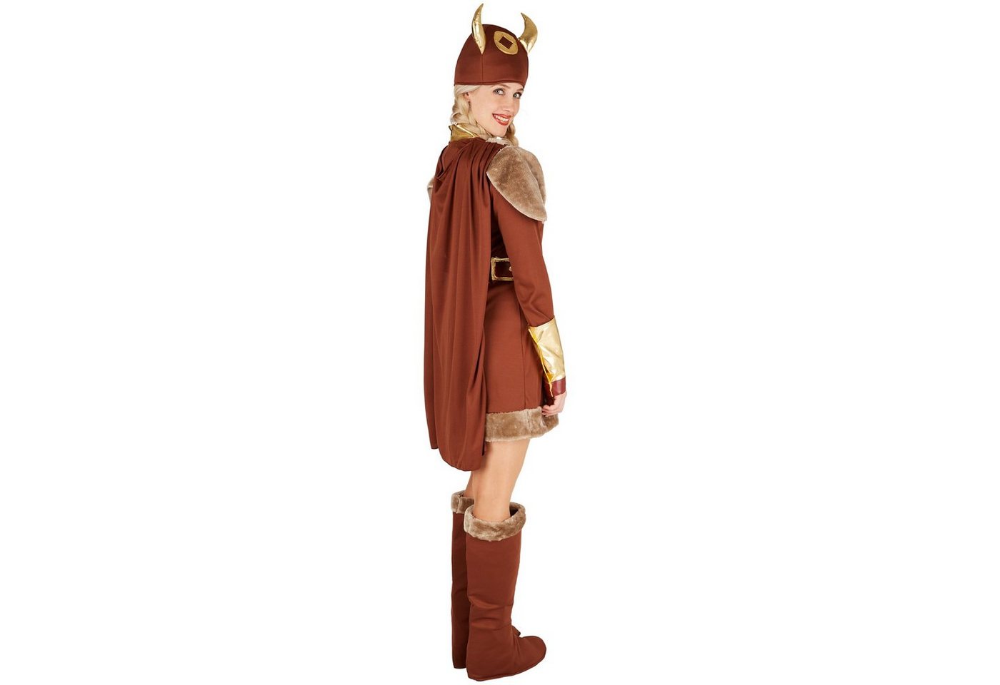 dressforfun Wikinger-Kostüm Nordfrau/Kriegerin, in der Farbe braun, Gr. S, Cooler Wikinger Hut, Kleid mit Umhang, Schöner Gürtel, Inkl. Stiefel - und Armstulpen Bild 5