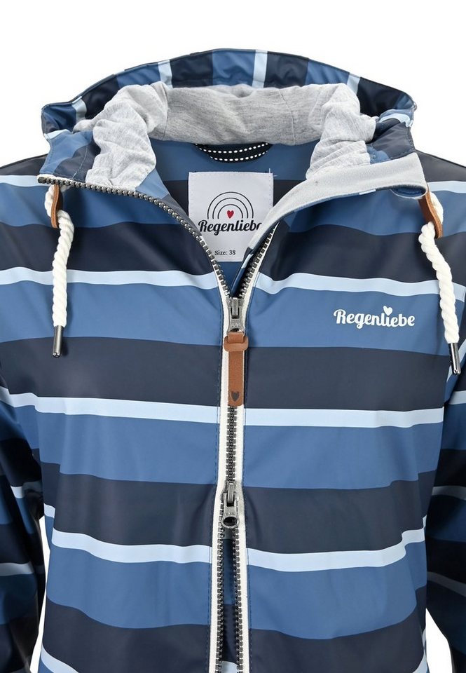 Regenliebe Regenmantel Friesennerz blau Regenjacke halblang gestreift, wasserdicht winddicht