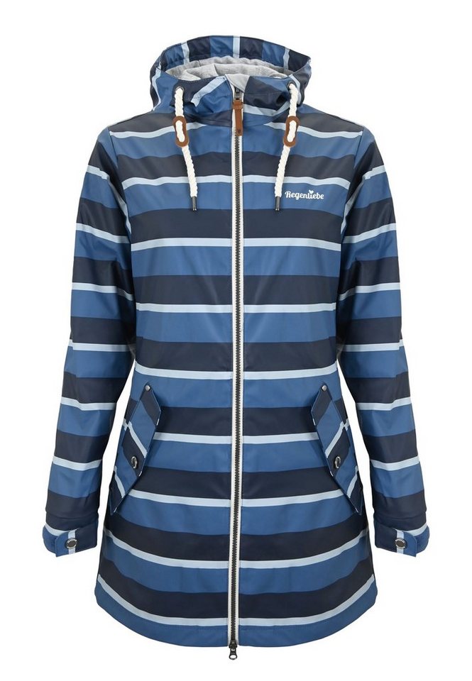 Regenliebe Regenmantel Friesennerz blau Regenjacke halblang gestreift, wasserdicht winddicht Bild 4
