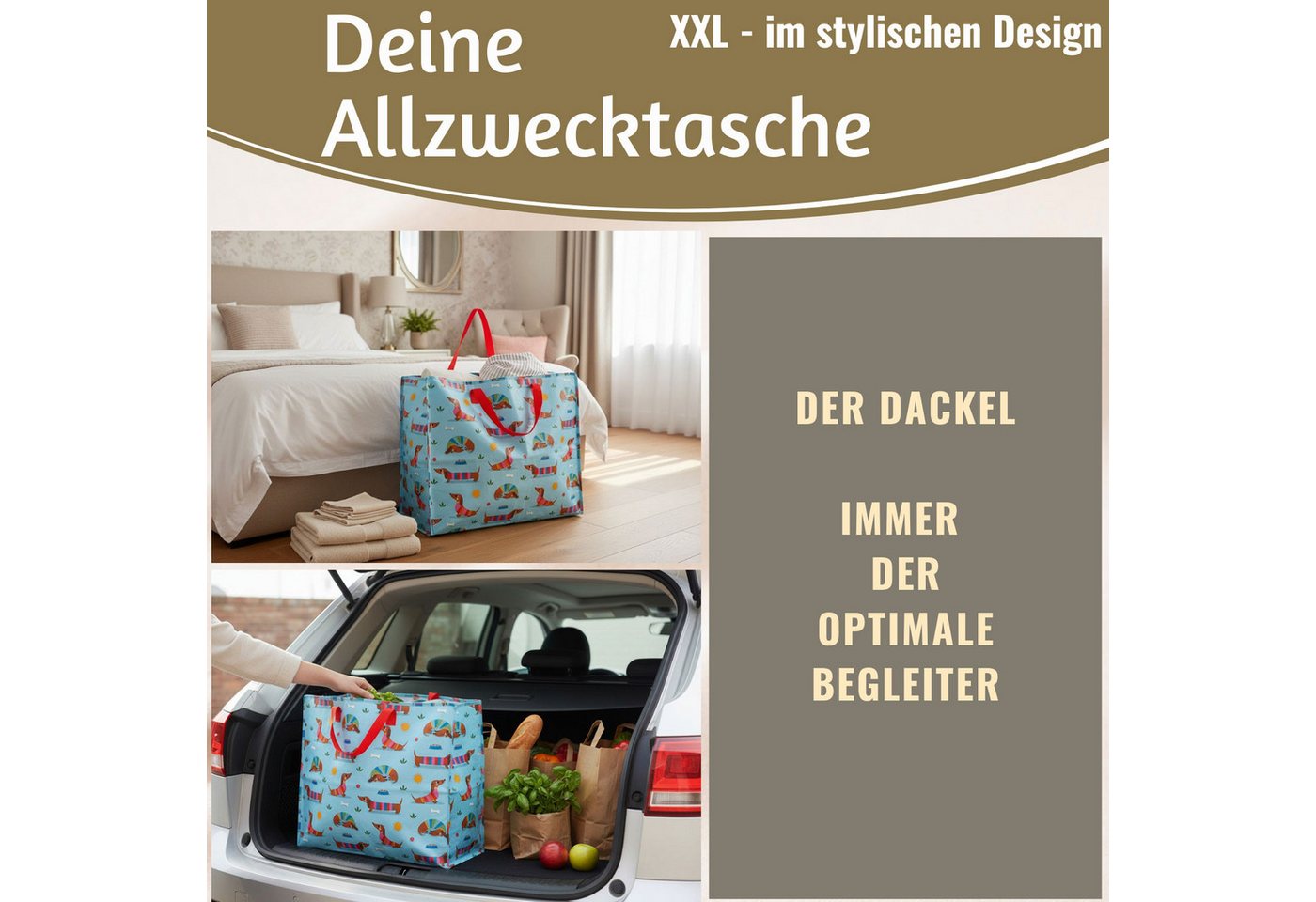 LS-LebenStil Aufbewahrungstasche XXL Jumbo Bag Dackel Sausage 55cm Kunststoff Einkaufstasche (Unterbettkommode Organizer Aufbewahrungsbox, 1-tlg., Einkaufstasche mit Reißverschluss Shopper Riesentasche Tragetasche), Aufbewahrung von Bettwäsche Kleidung Wäsche Spielzeug - Rechteckig