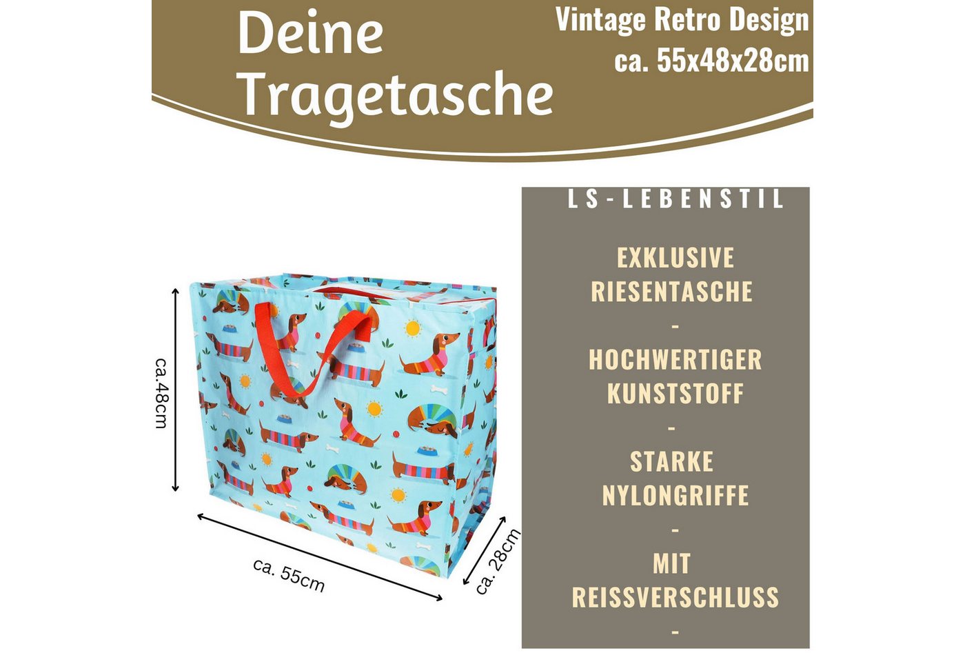 LS-LebenStil Aufbewahrungstasche XXL Jumbo Bag Dackel Sausage 55cm Kunststoff Einkaufstasche (Unterbettkommode Organizer Aufbewahrungsbox, 1-tlg., Einkaufstasche mit Reißverschluss Shopper Riesentasche Tragetasche), Aufbewahrung von Bettwäsche Kleidung Wäsche Spielzeug - Rechteckig Bild 2