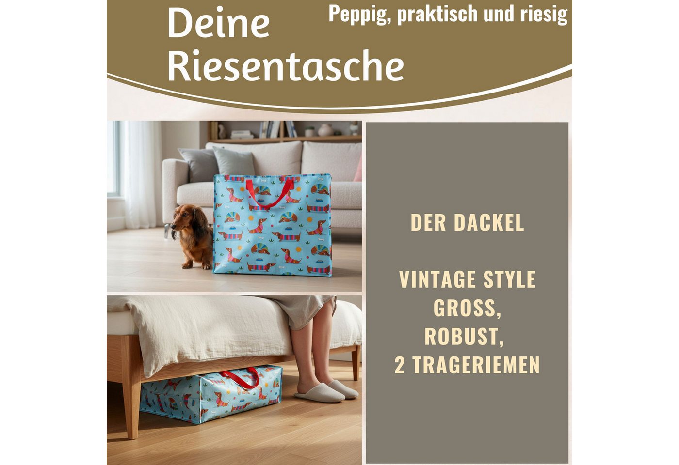LS-LebenStil Aufbewahrungstasche XXL Jumbo Bag Dackel Sausage 55cm Kunststoff Einkaufstasche (Unterbettkommode Organizer Aufbewahrungsbox, 1-tlg., Einkaufstasche mit Reißverschluss Shopper Riesentasche Tragetasche), Aufbewahrung von Bettwäsche Kleidung Wäsche Spielzeug - Rechteckig Bild 3