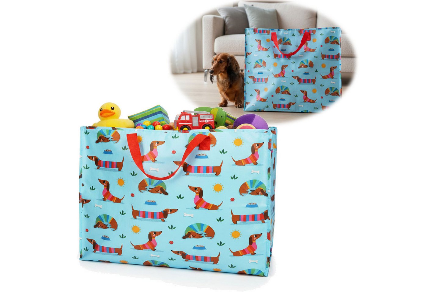 LS-LebenStil Aufbewahrungstasche XXL Jumbo Bag Dackel Sausage 55cm Kunststoff Einkaufstasche (Unterbettkommode Organizer Aufbewahrungsbox, 1-tlg., Einkaufstasche mit Reißverschluss Shopper Riesentasche Tragetasche), Aufbewahrung von Bettwäsche Kleidung Wäsche Spielzeug - Rechteckig Bild 5
