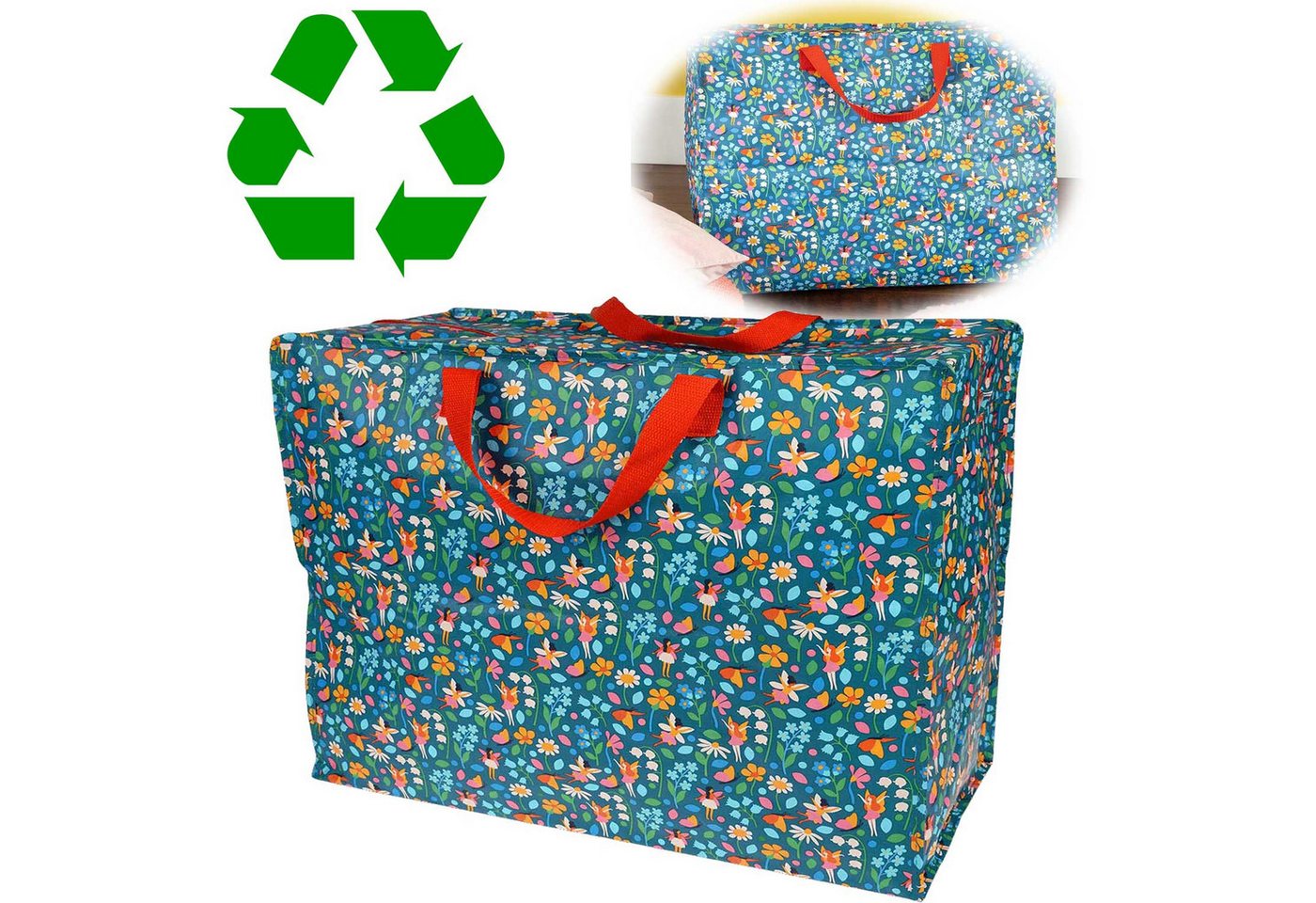 LS-LebenStil Aufbewahrungstasche XXL Jumbo Bag Fairies Garden 55cm Recycelt Nachhaltig Einkaufstasche (Unterbettkommode Organizer Aufbewahrungsbox, 1-tlg., Einkaufstasche mit Reißverschluss Shopper Riesentasche Tragetasche), Aufbewahrung von Bettwäsche Kleidung Wäsche Spielzeug - Rechteckig