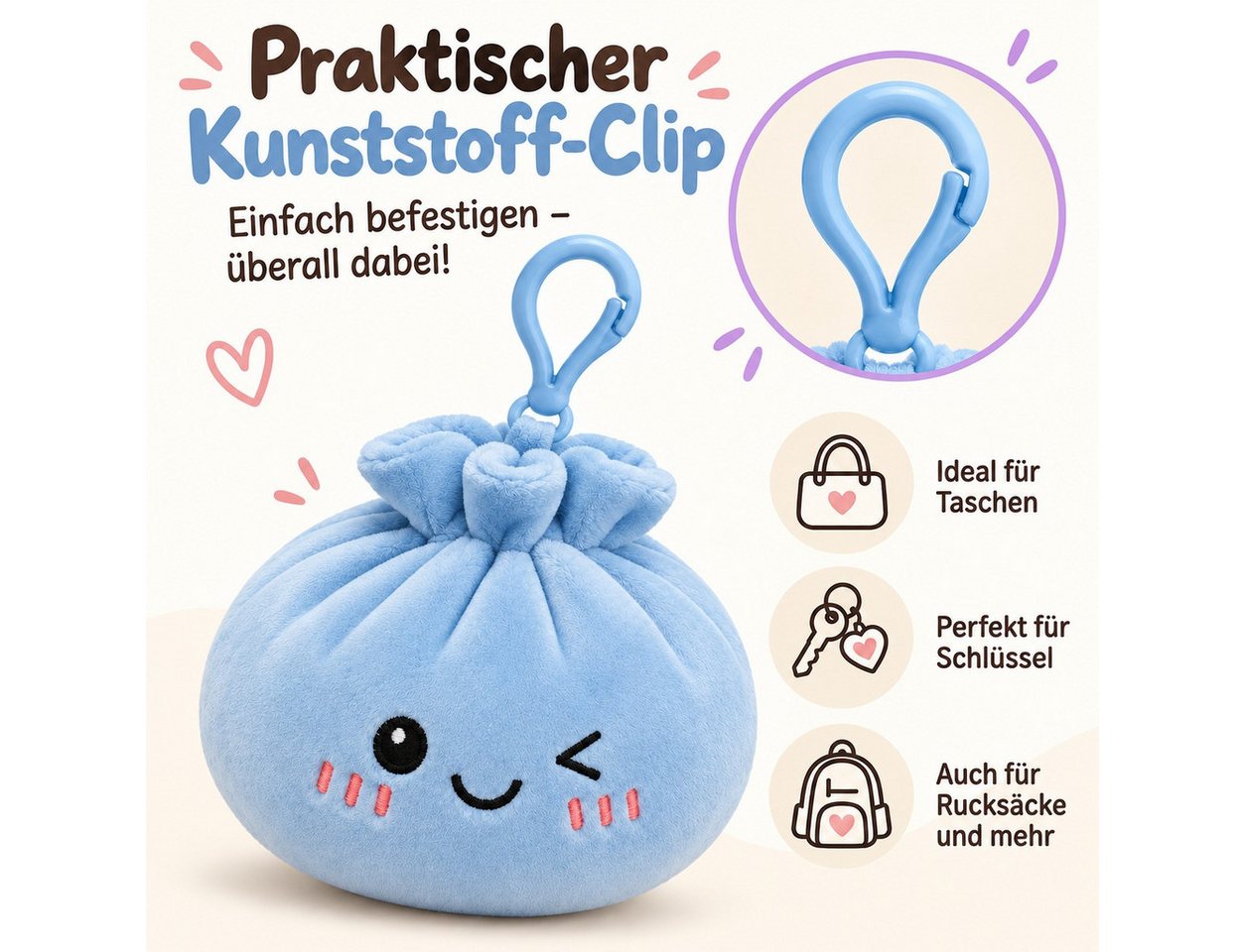 Bert Struis Gepäckanhänger Kawaii Dumpling Bagclip Taschenanhänger Schlüsselanhänger 12cm blau (Set, 1-St., Geschenk-Set) Plüschanhänger mit niedlichem Kawaii-Gesicht Fluffige Polyesterfüllung