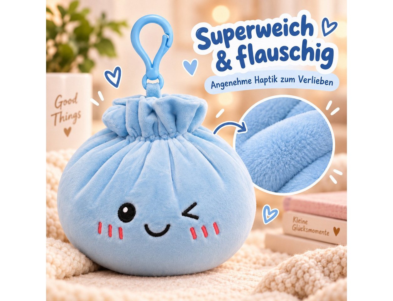 Bert Struis Gepäckanhänger Kawaii Dumpling Bagclip Taschenanhänger Schlüsselanhänger 12cm blau (Set, 1-St., Geschenk-Set) Plüschanhänger mit niedlichem Kawaii-Gesicht Fluffige Polyesterfüllung Bild 4