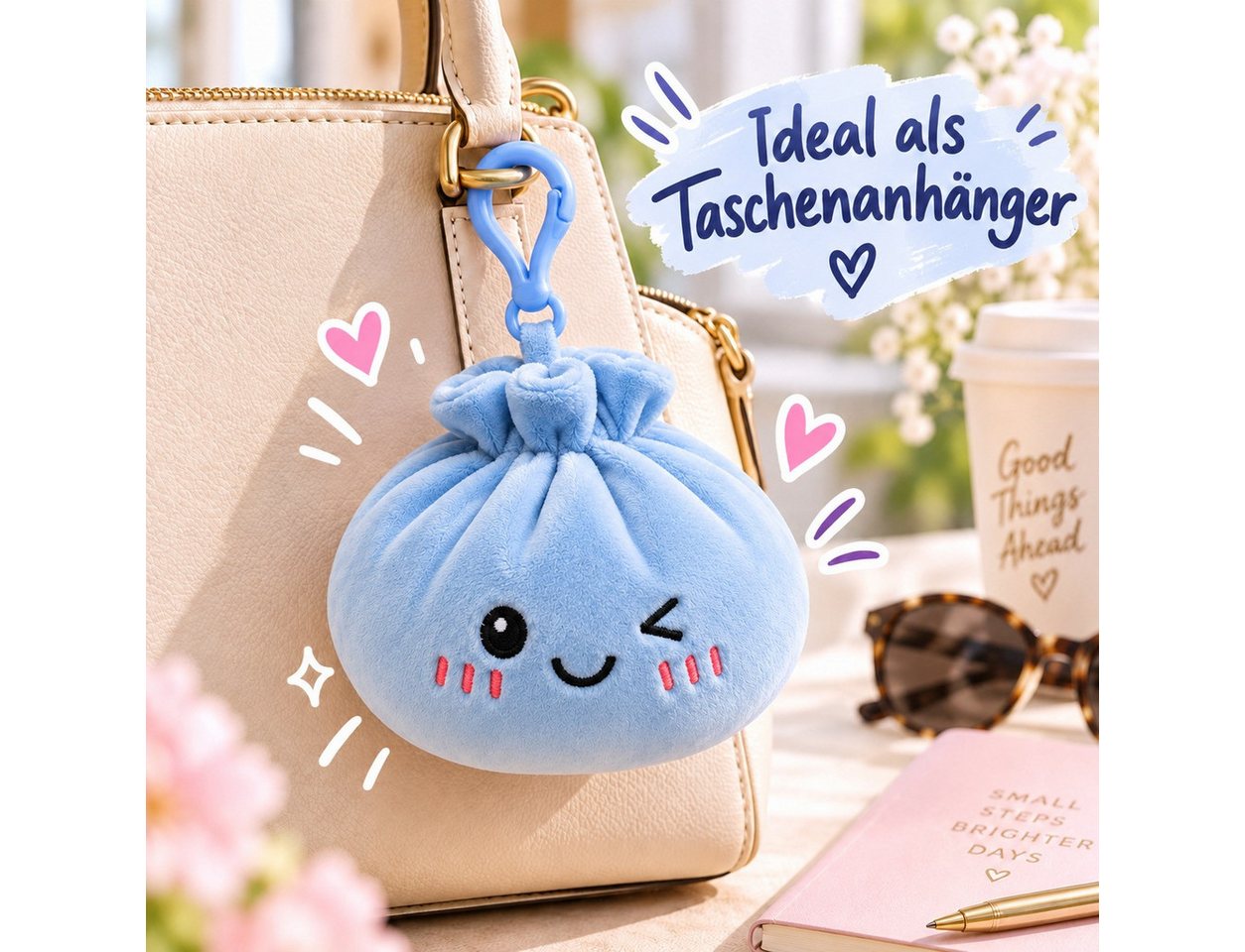 Bert Struis Gepäckanhänger Kawaii Dumpling Bagclip Taschenanhänger Schlüsselanhänger 12cm blau (Set, 1-St., Geschenk-Set) Plüschanhänger mit niedlichem Kawaii-Gesicht Fluffige Polyesterfüllung Bild 5