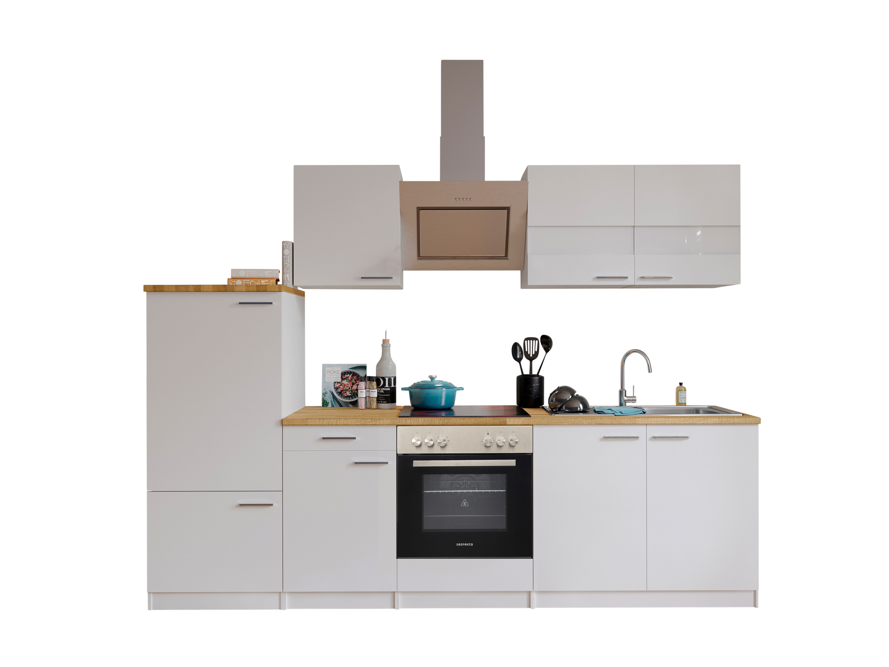 RESPEKTA Küche Malia (Glaskeramikkochf., Kühlschr., Weiß, 270 cm)