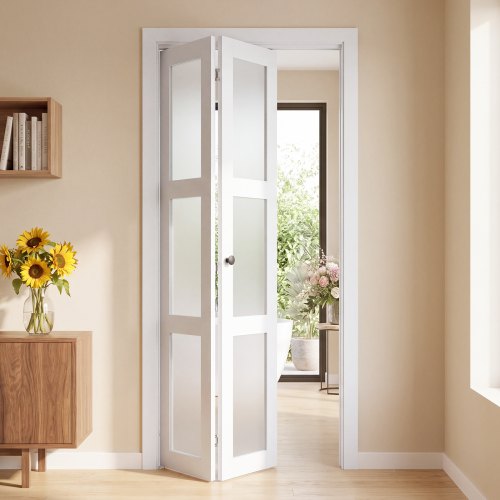 VEVOR Falttür Klapptür Komplettset 914 mm (Zwei 457 mm) x 2032 mm Mattglas, für Schränke & Schlafzimmer, Zweiflügelige Faltschiebetür mit Metallbeschlägen & Verbundrahmen, Stilvoll & Platzsparend, Weiß
