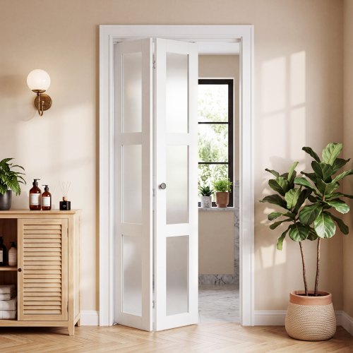 VEVOR Falttür Klapptür Komplettset 762 mm (Zwei 381 mm) x 2032 mm Milchglas, für Schränke & Schlafzimmer, Zweiflügelige Faltschiebetür mit Metallbeschlägen & Verbundrahmen, Stilvoll & Platzsparend, Weiß