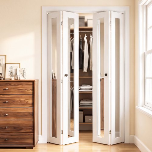 VEVOR Falttür Komplettset 1219 mm (vier 305 mm) x 2032 mm Ganzkörperspiegel, für Schränke & Schlafzimmer, 4-tlg. Faltschiebetür mit Metallbeschlägen & Verbundrahmen, Modern Stilvoll & Platzsparend, Weiß