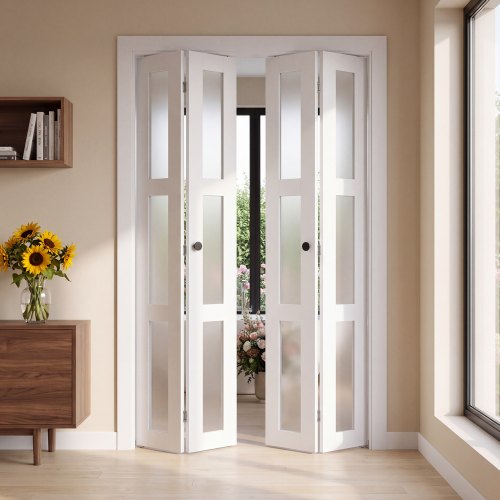 VEVOR Falttür Klapptür Komplettset 1219 mm (vier 305 mm) x 2032 mm Mattglas, für Schränke & Schlafzimmer, 4-tlg. Faltschiebetür mit Metallbeschlägen & Verbundrahmen, Modern Stilvoll & Platzsparend Weiß