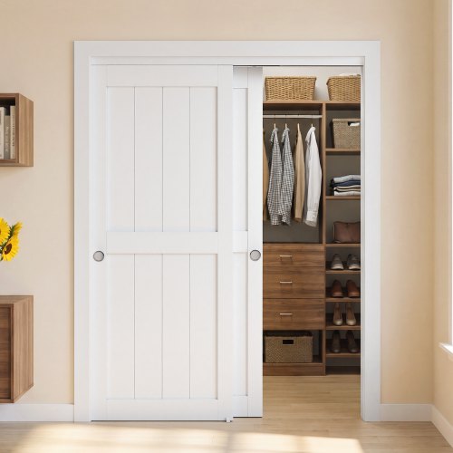 VEVOR Schiebetür Komplettset 2-tlg. 1524 mm (Doppeltür 787 mm) x 2032 mm, für Schränke Schlafzimmer Garderoben, Ganzholzkonstruktion mit Montageschienen & Bodenführung, Stilvoll & Platzsparend