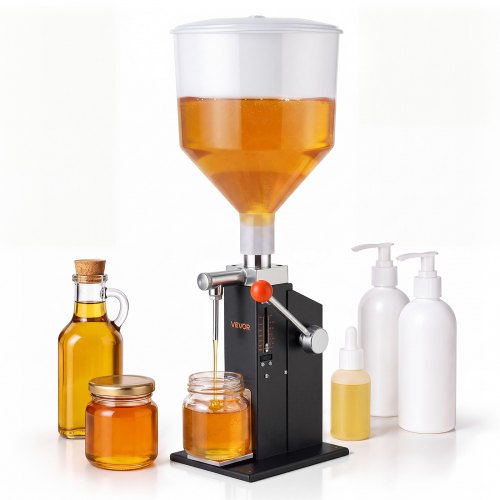 VEVOR Manuelle Abfüllmaschine 5-60 ml Flüssigkeitsfüller mit 10 L Trichter, Abfüllanlage für Getränke Öl Honig Shampoo & Lotion, Kohlenstoffstahlgehäuse, Tropfschutzdüse, Verstellbarer Flaschenständer