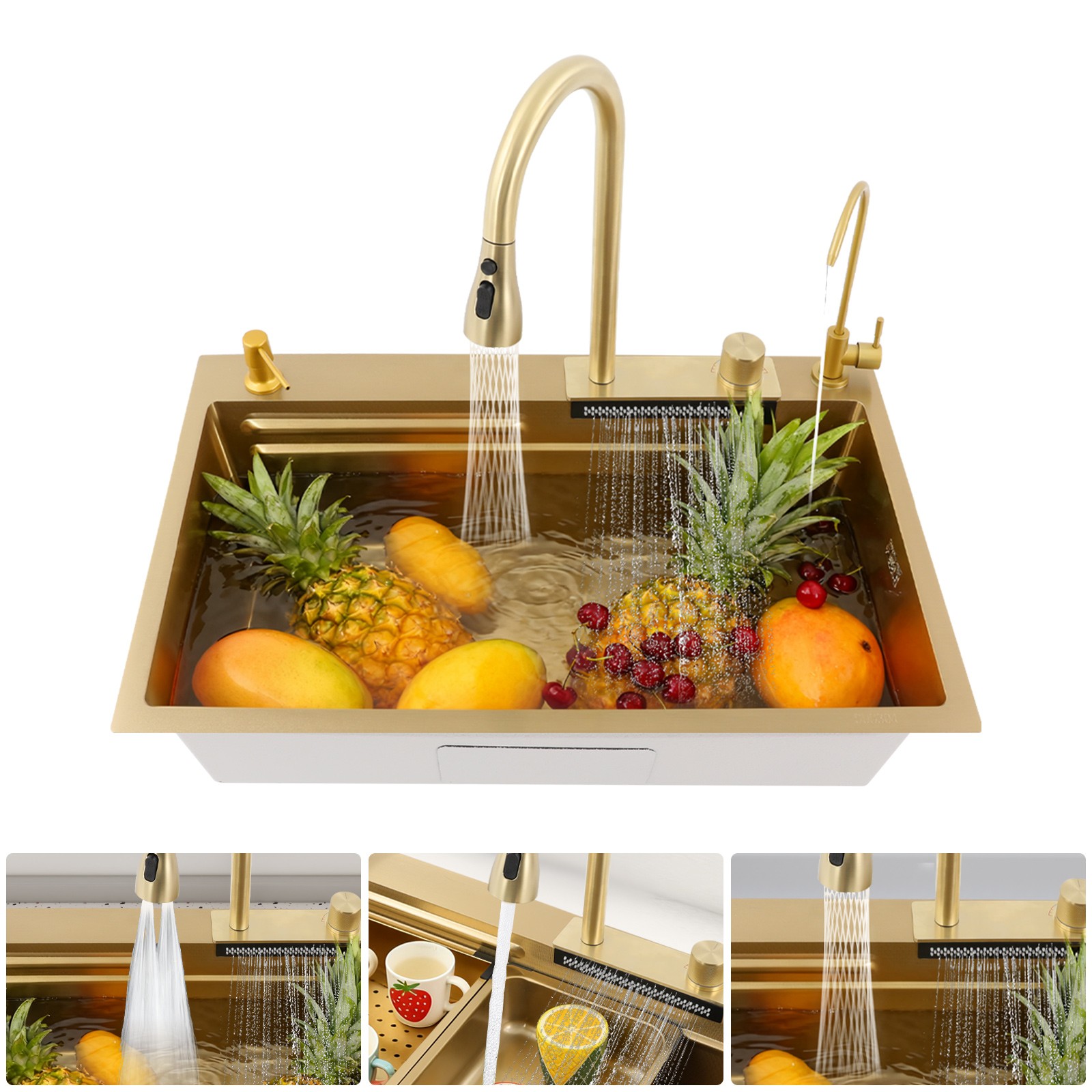 Goldfarbene Küchenspüle, Küchenspüle Mit Wasserfallauslauf, Schiebebatterie, Moderne Küchenspüle Aus Edelstahl (75 X 46 Cm)